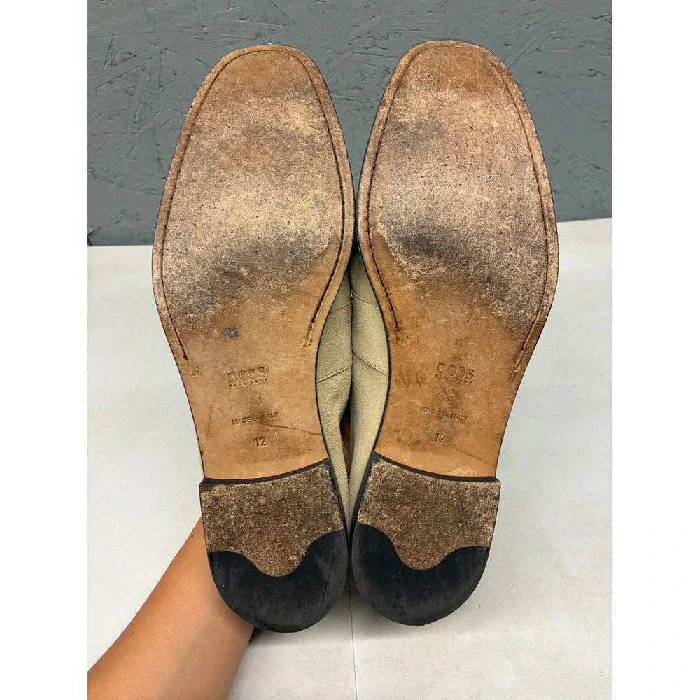 BOSS Hugo Boss Suede Penny Loafers Shoes Mens 12 Beige Slip On Italy Classic
